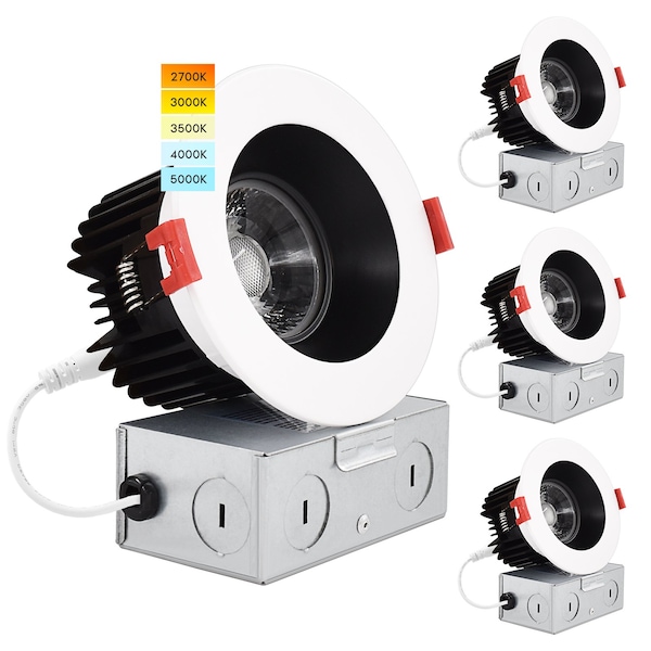 Luxrite 4 Inch LED Recessed Downlights 5 CCT Options 2700K-5000K 15W 1100LM Dimmable White/Black Trim 4-Pack LR24950 LR24967-4PK - main